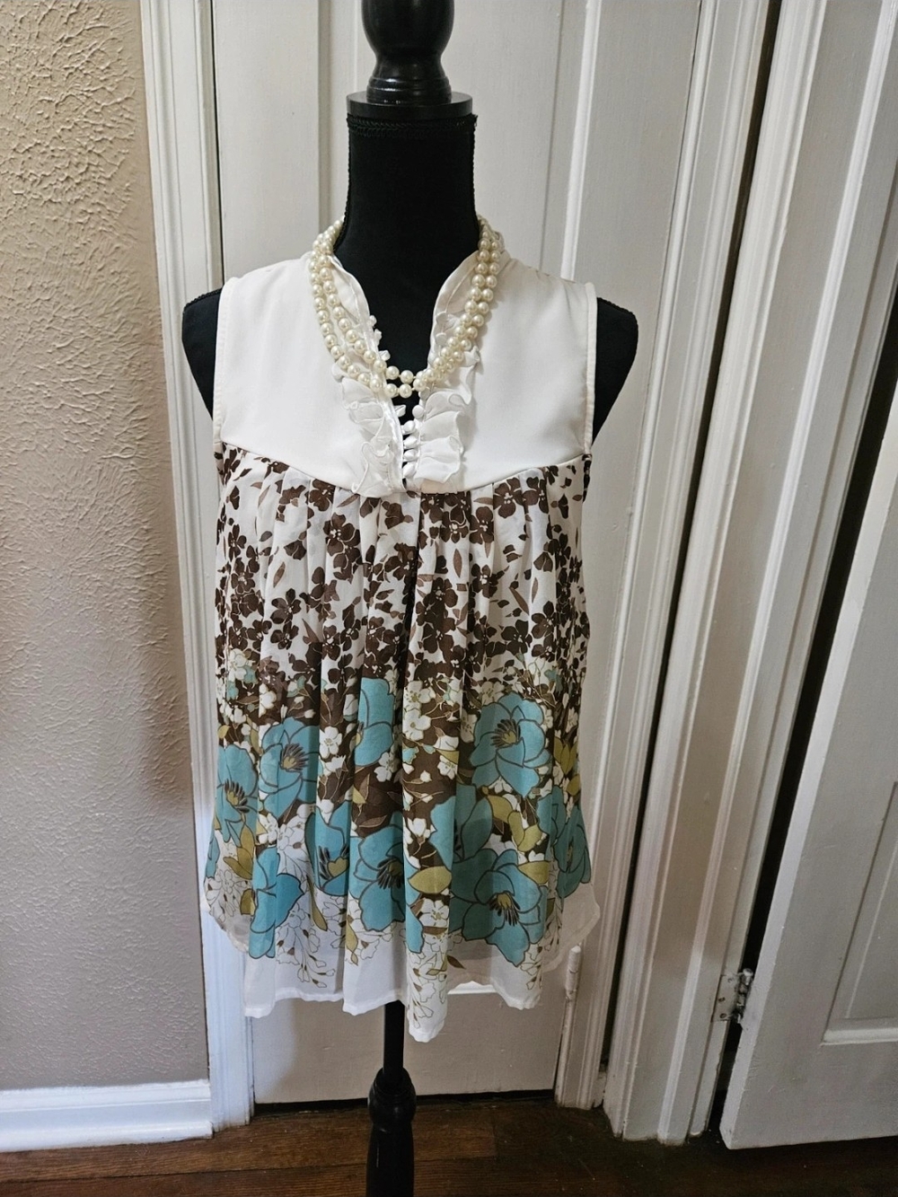 Studio Y White Floral Camisole with Blue and Brown Blooms